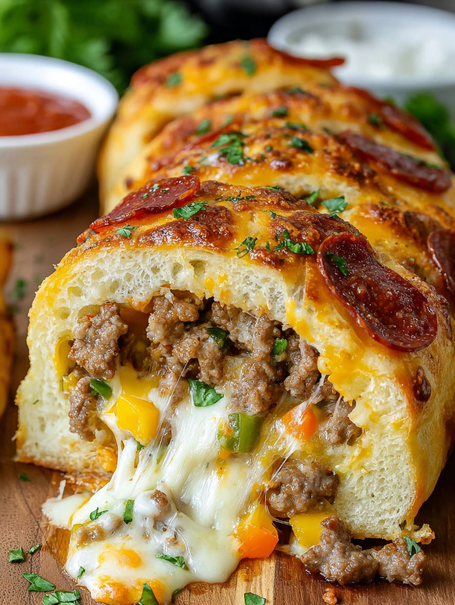 A sandwich with meat and cheese.