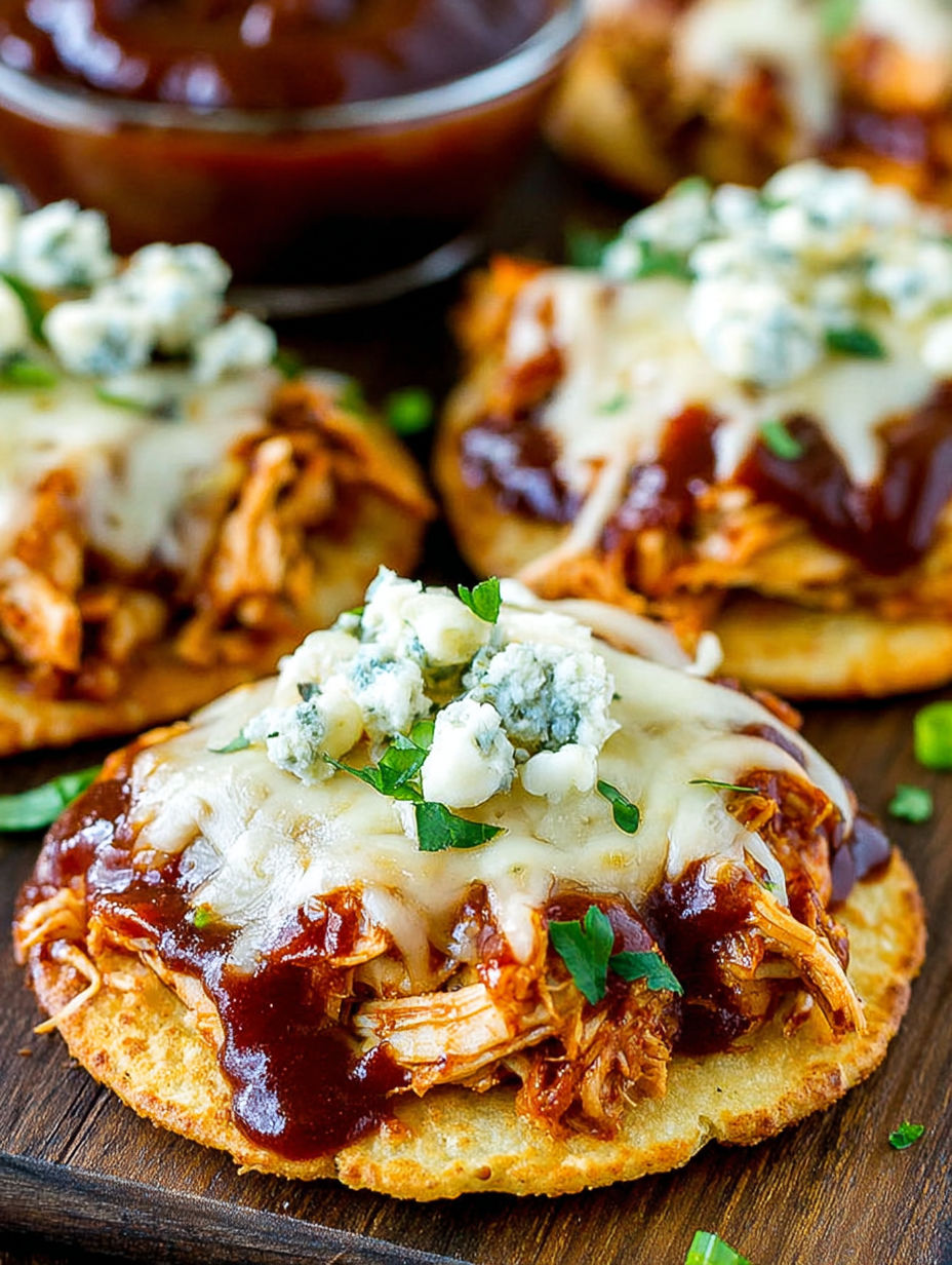 Crispy BBQ chicken tostadas with blue cheese.
