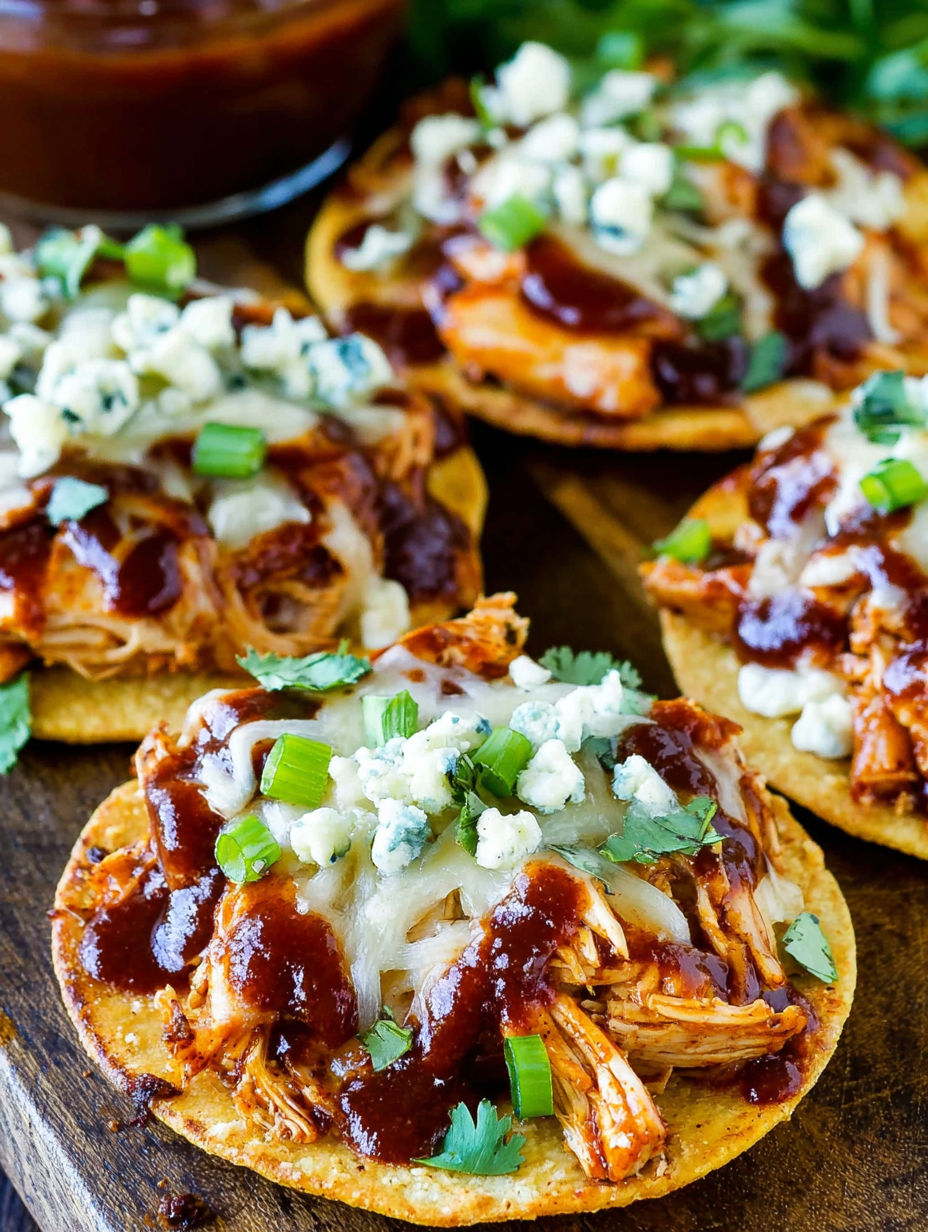 A plate of BBQ chicken tostadas with crispy tortillas.