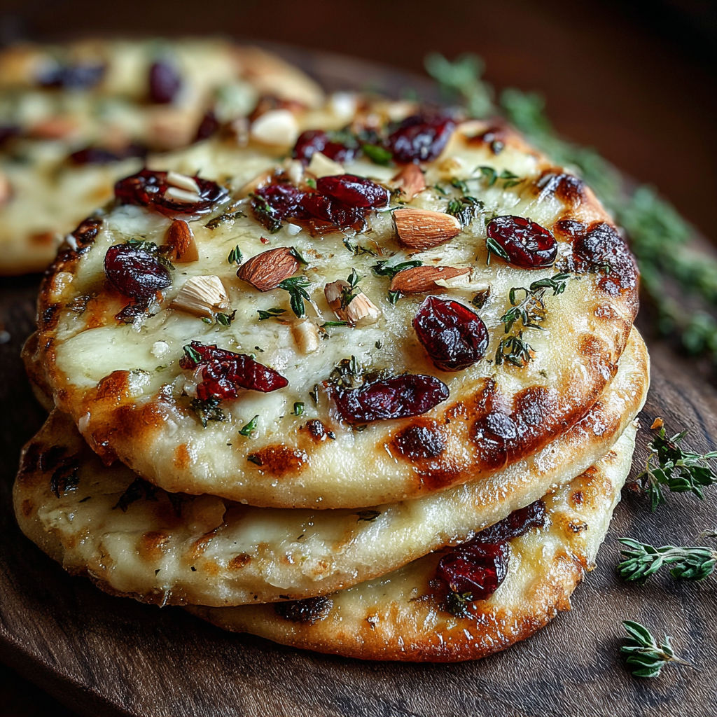 A stack of flatbreads with cranberries and cheese.