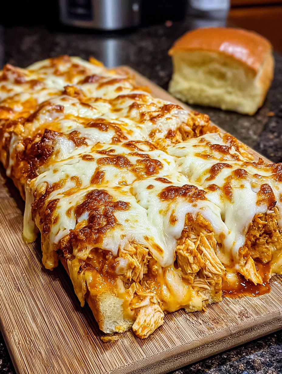 A slice of buffalo chicken cheese bake on a wooden cutting board.