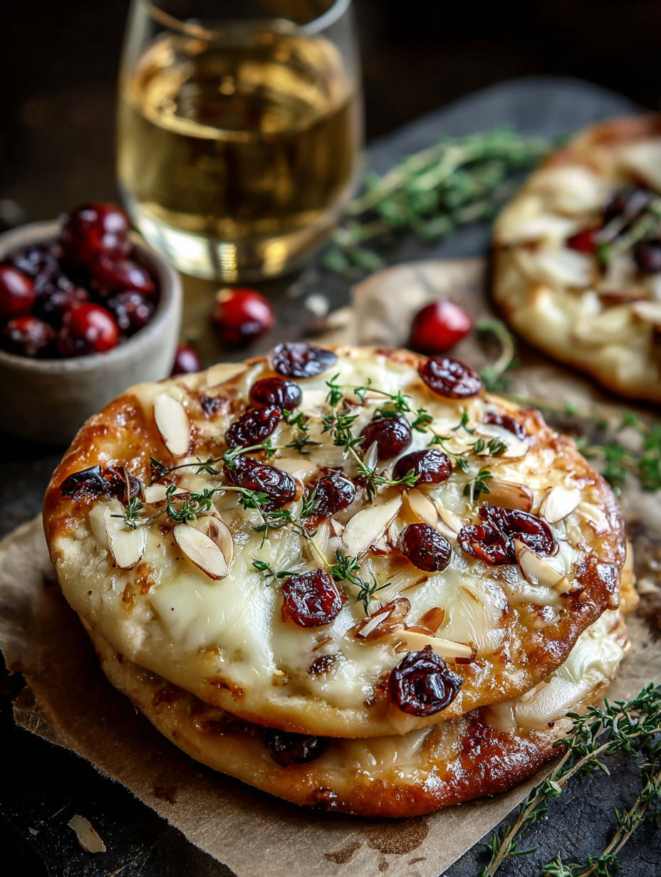 A close up of a pizza with cheese and cranberries.