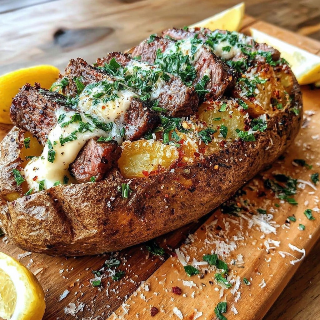 A loaded steak potato with cheese and herbs.