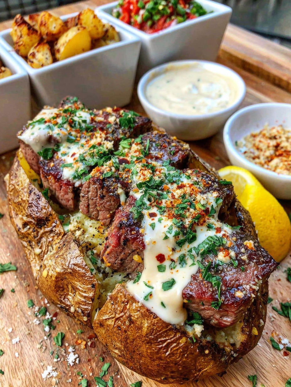 A close up of a steak sandwich with potatoes and cheese.