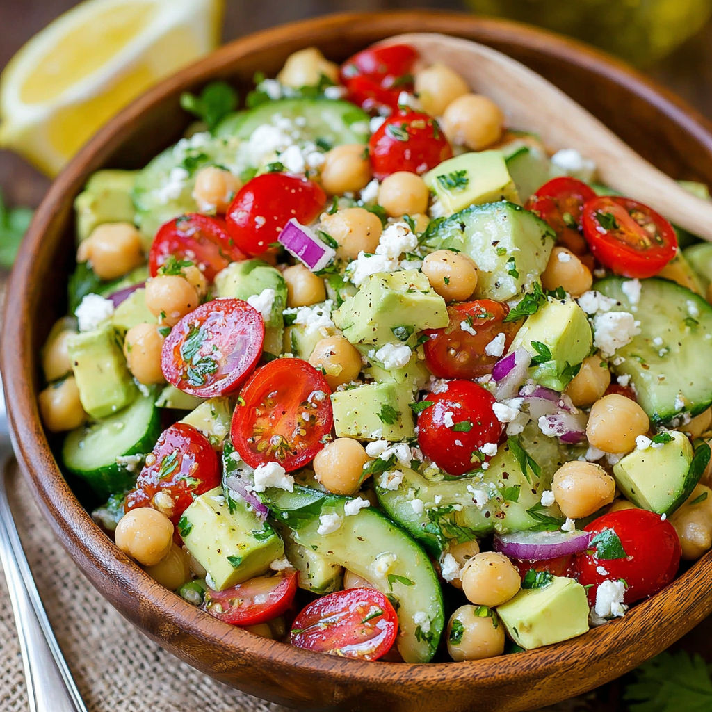 A bowl of chickpea salad with tomatoes, cucumbers, and avocado.