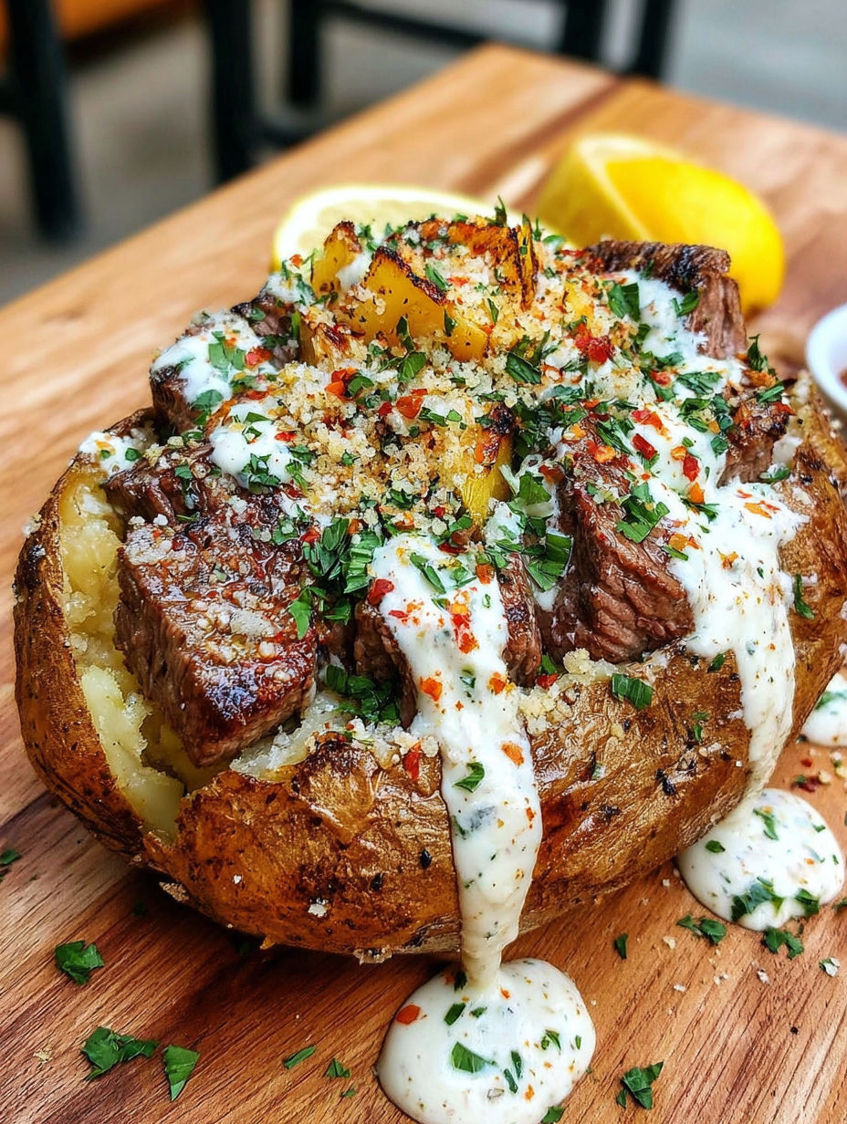 A close up of a potato with meat and cheese on it.