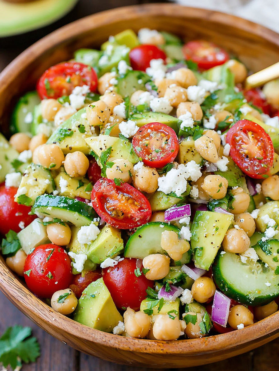 A bowl of chickpea salad with tomatoes, cucumbers, and feta cheese.