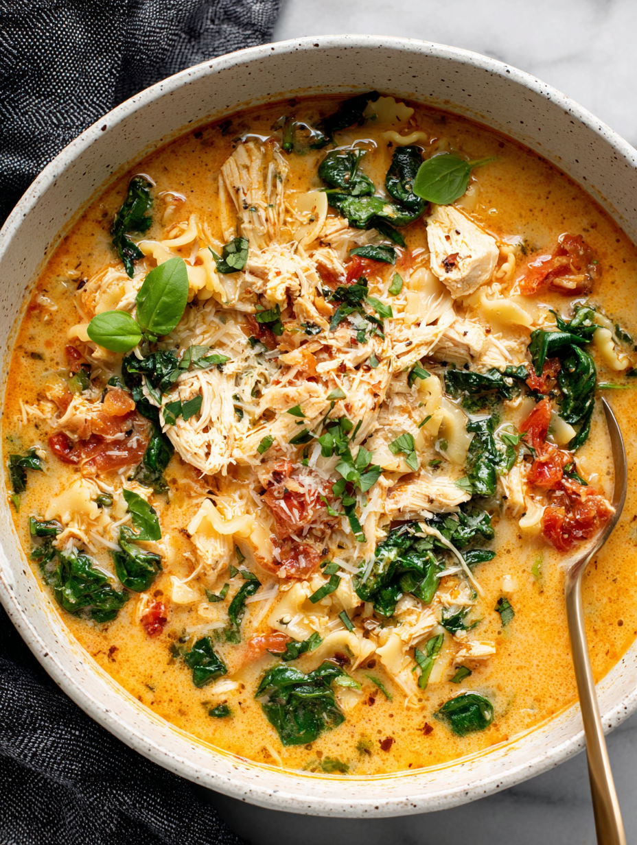 A bowl of soup with chicken and greens.