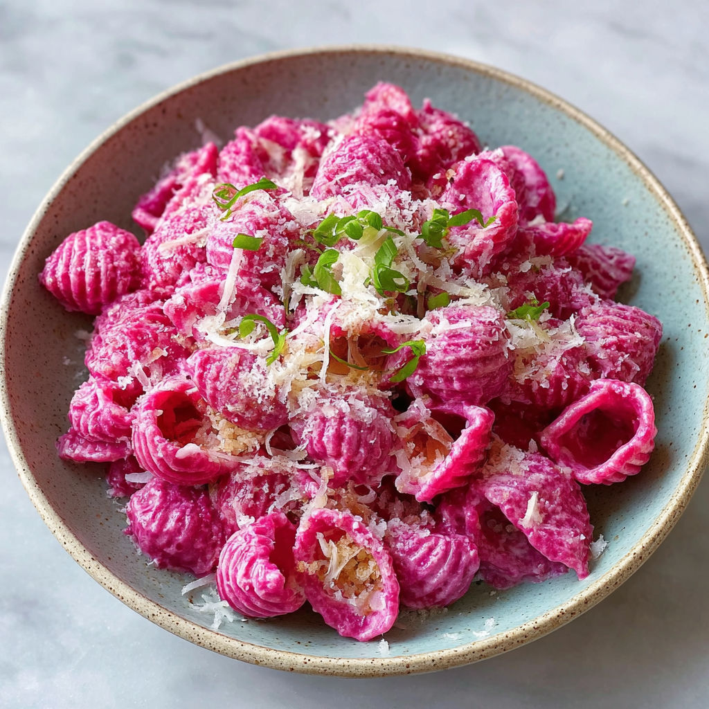 A bowl of pink pasta with cheese and greens.