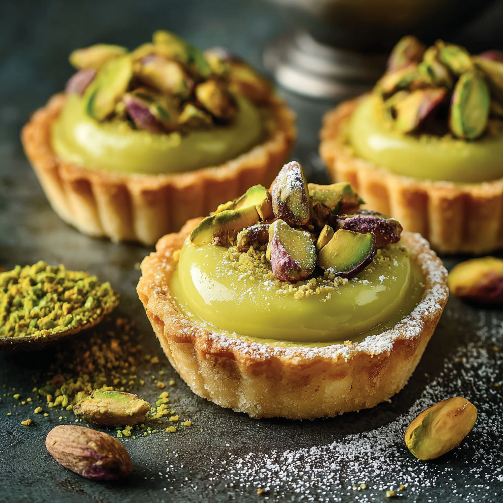 Three mini pistachio tartlets on a table.