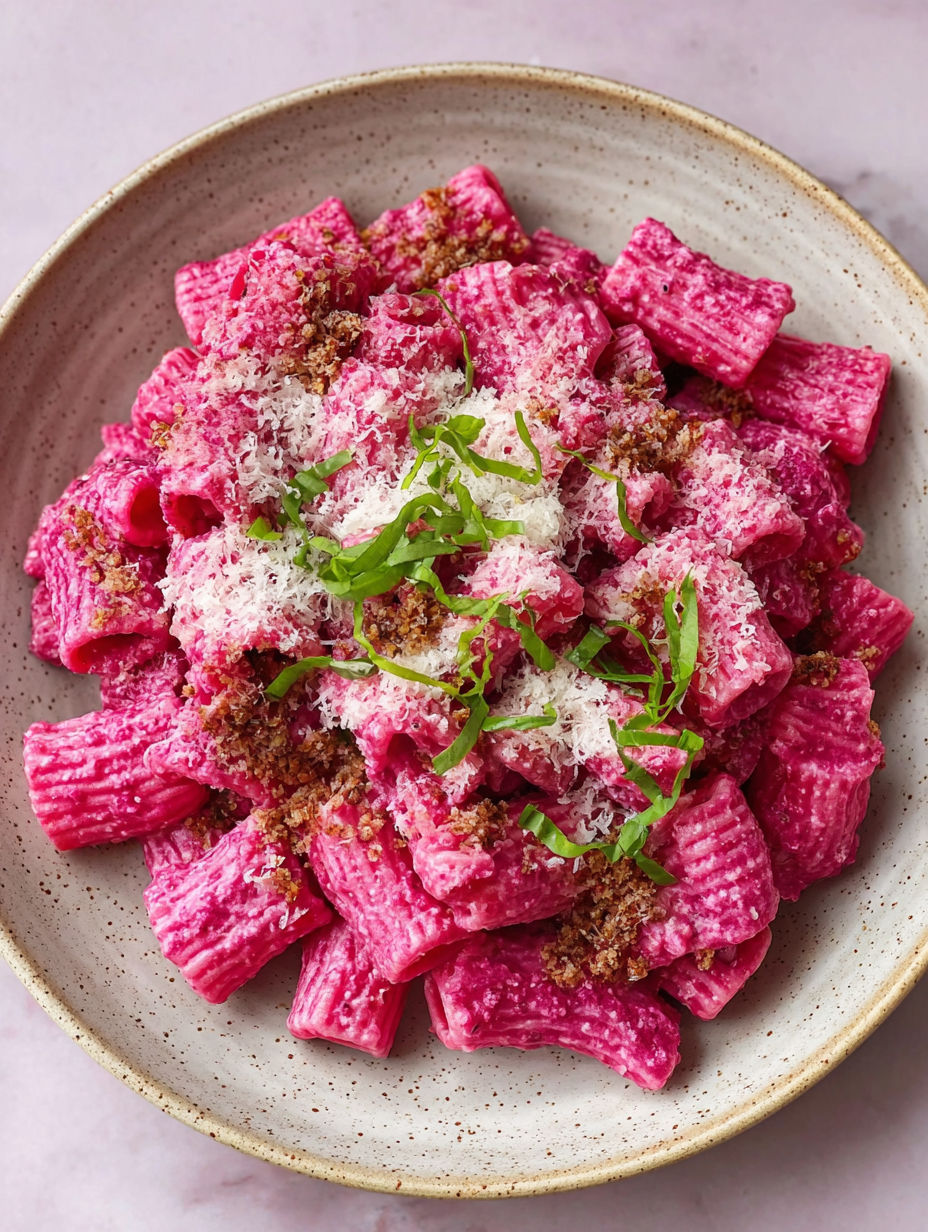 A bowl of pasta with pink sauce and cheese.