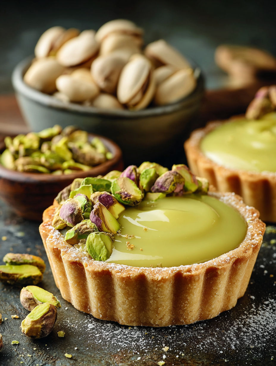 Two mini pistachio tartlets on a table.