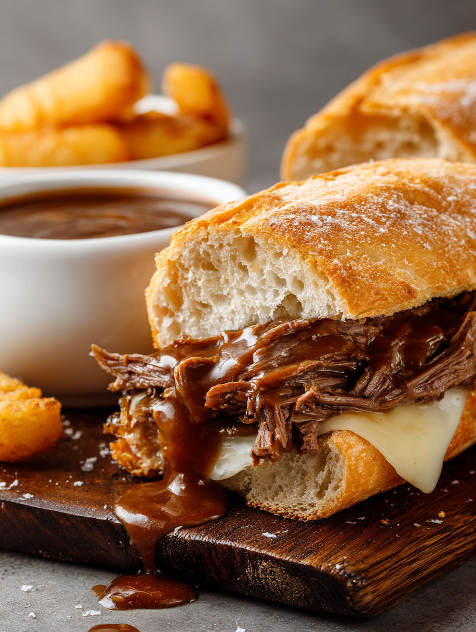 A crockpot French dip sandwich with a side of au jus.