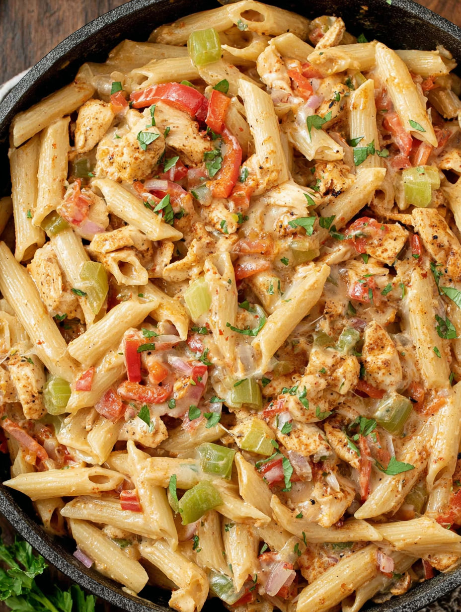 A bowl of pasta with chicken and vegetables.