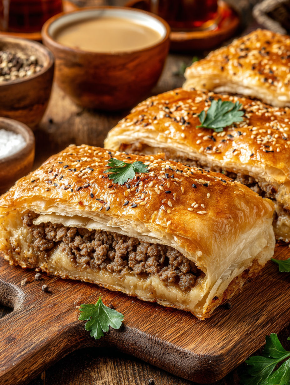 A close up of a pastry with meat and spices.