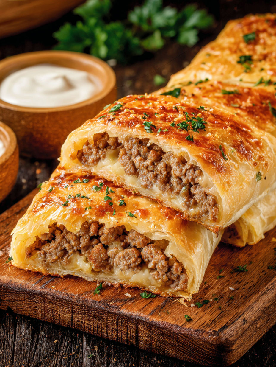 A bowl of sauce is next to a plate of meat filled pastry.