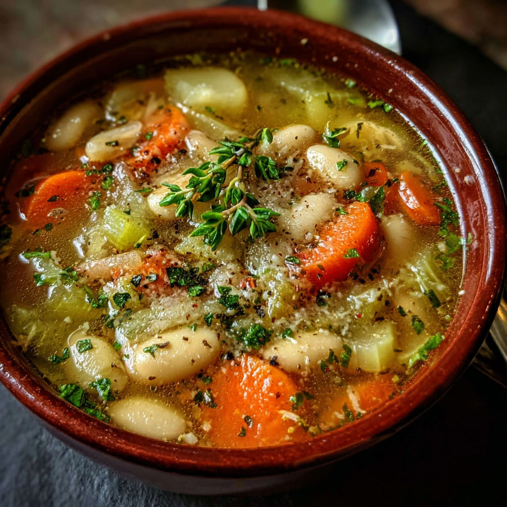 A bowl of soup with carrots and beans.
