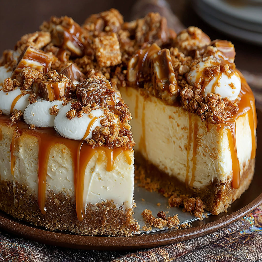 A slice of cheesecake with caramel toffee crunch on top.