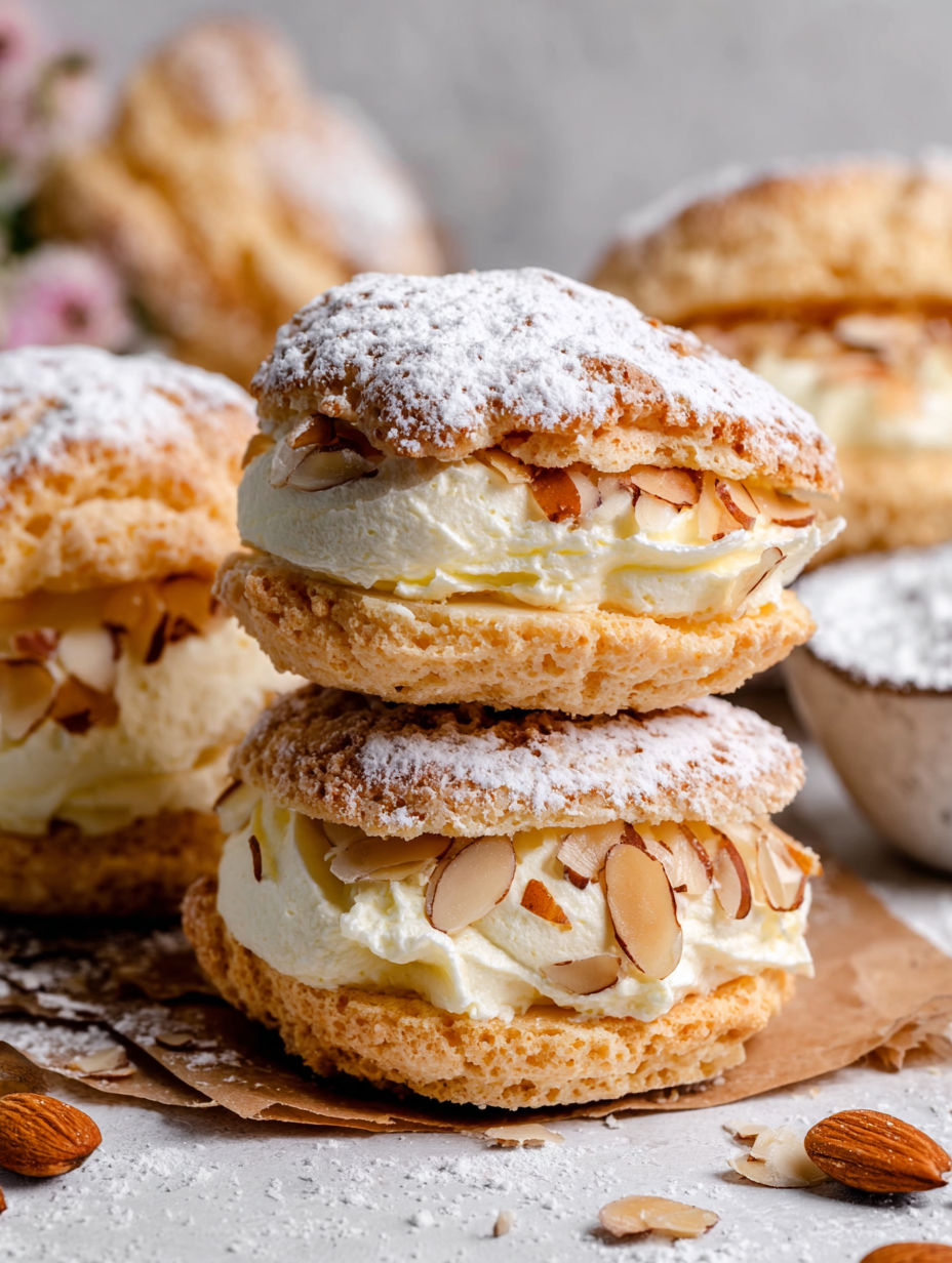 A stack of three pastries with almonds on top.