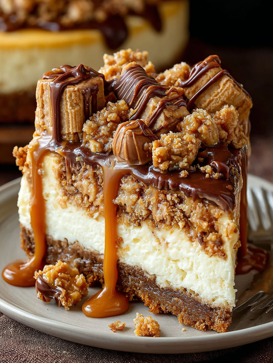 A slice of cheesecake with caramel drizzled on top.
