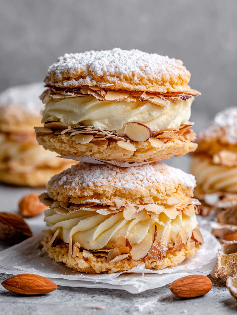 A stack of three pastries with powdered sugar on top.