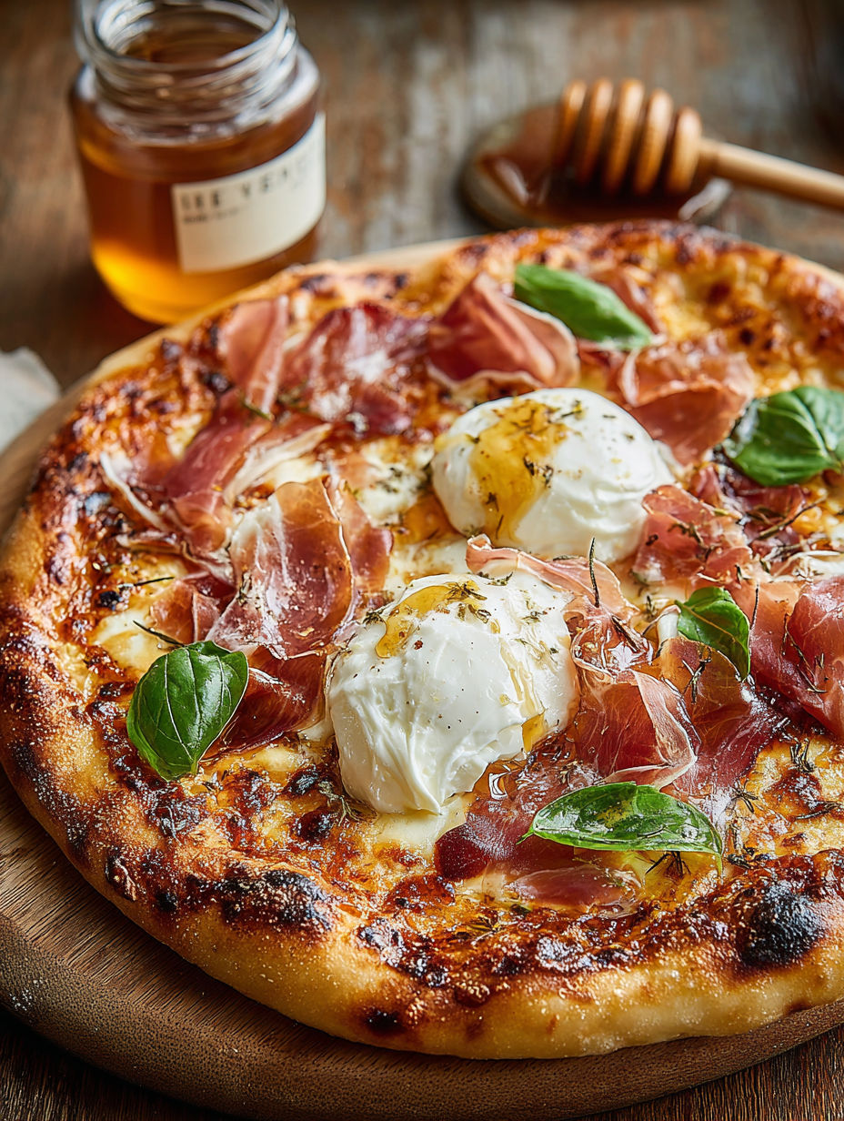 A pizza with eggs and bacon on top.