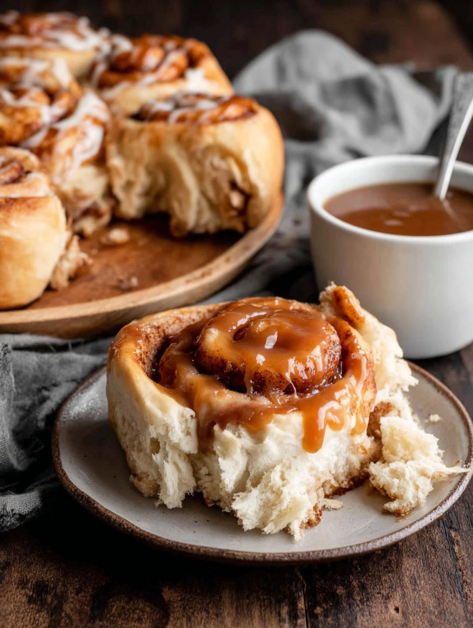A cinnamon roll with icing and a cup of coffee.