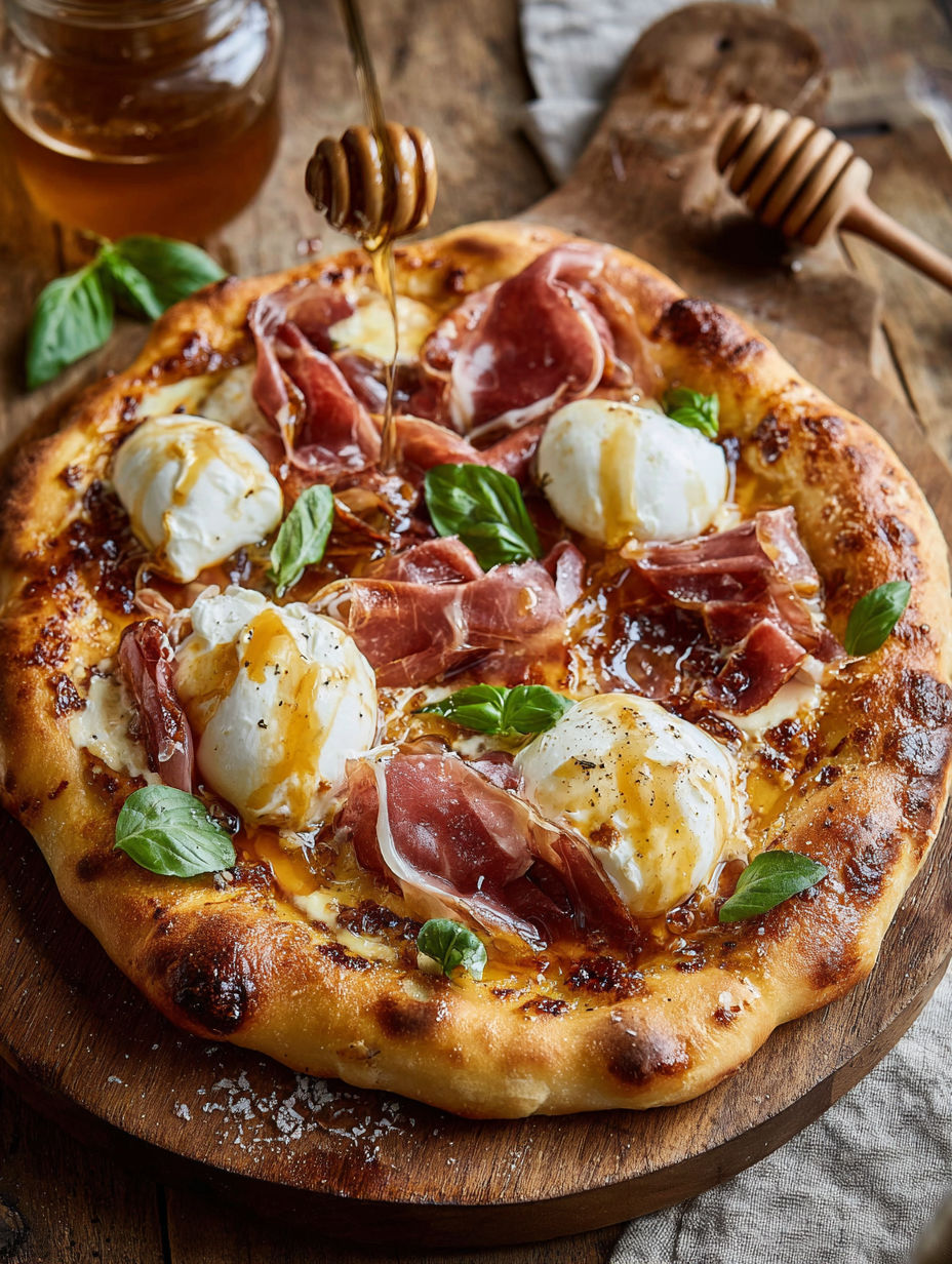 A pizza with eggs and ham on top.