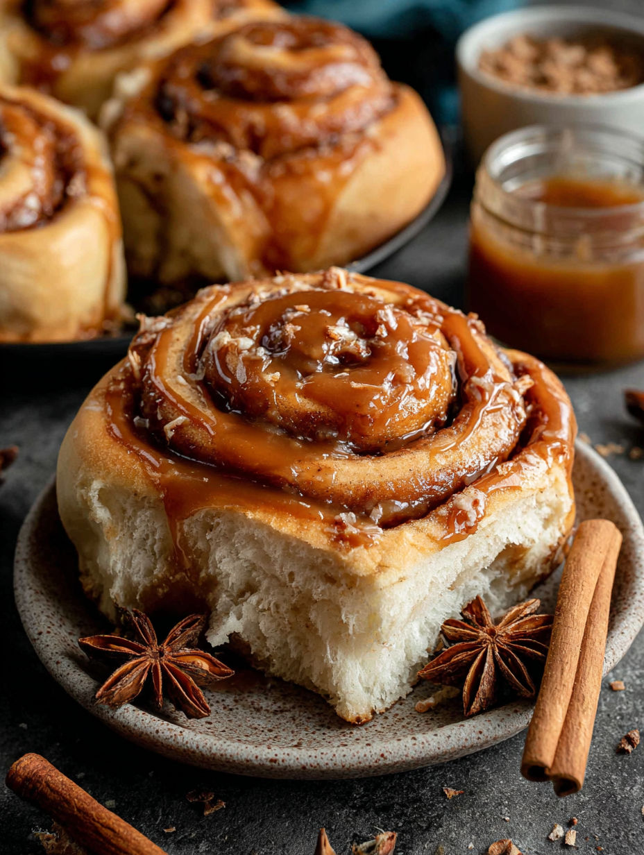 A plate of cinnamon rolls with a jar of chai sauce.