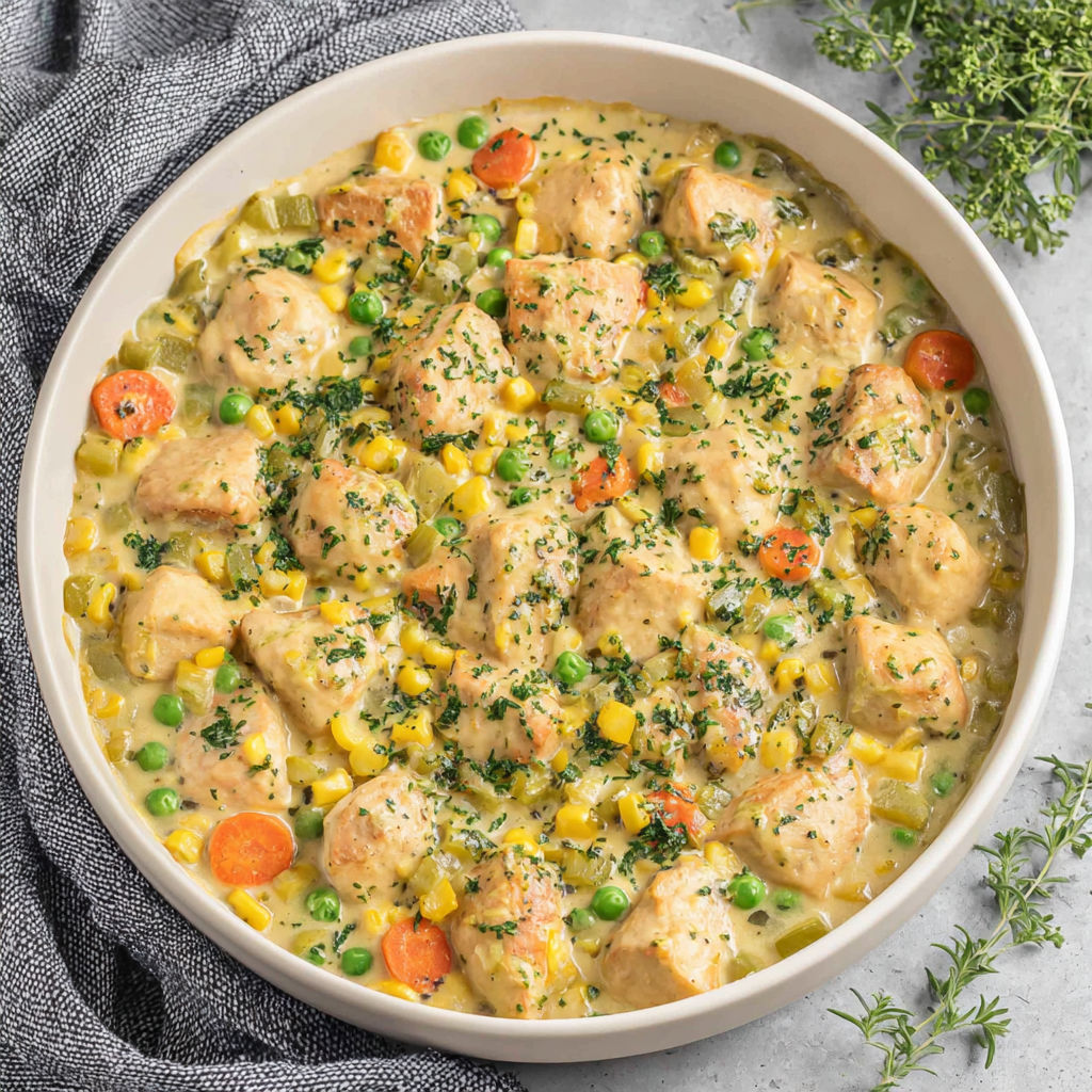 A bowl of chicken pot pie with peas and corn.