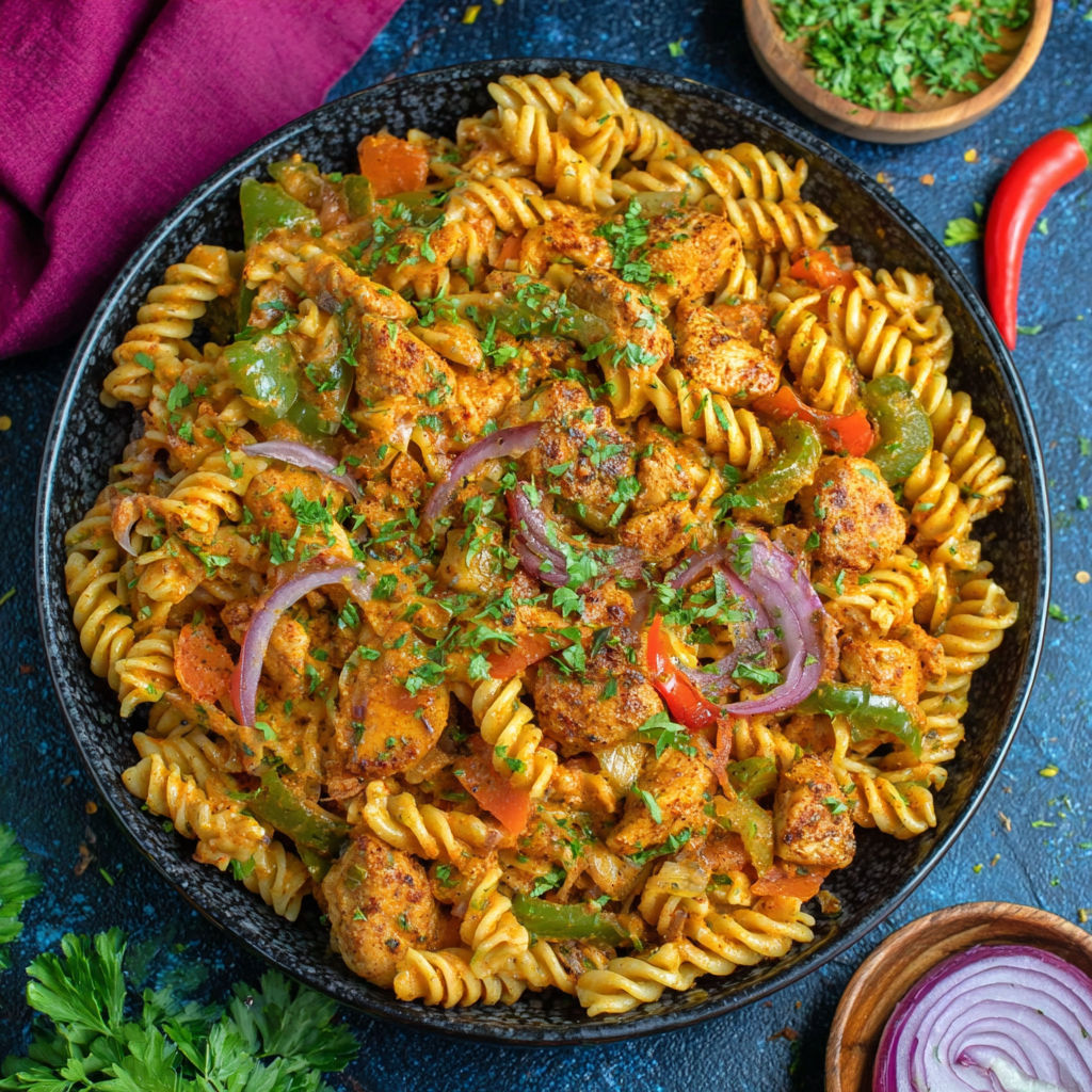 A delicious high protein chicken fajita pasta dish.