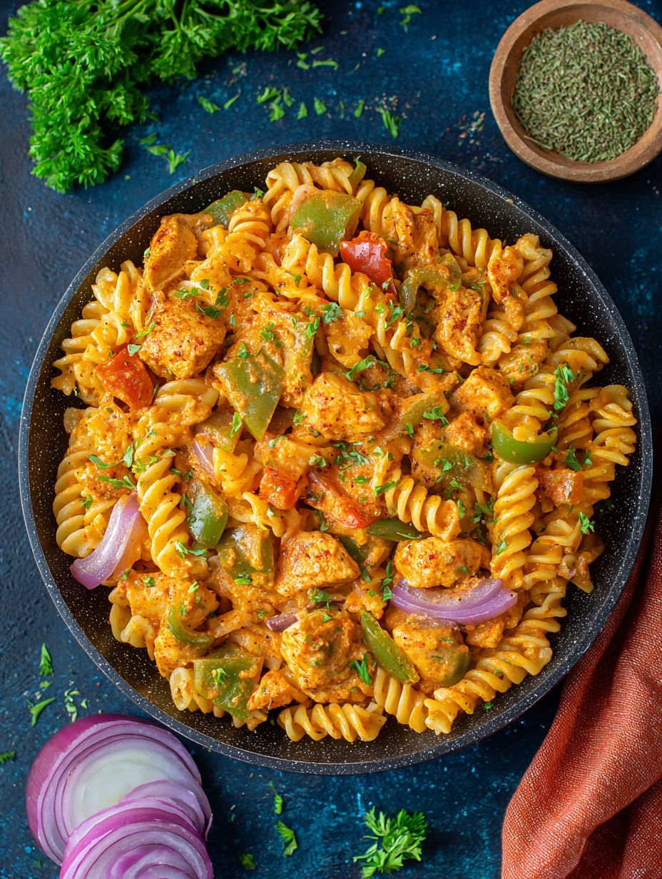 A bowl of pasta with meat and vegetables.