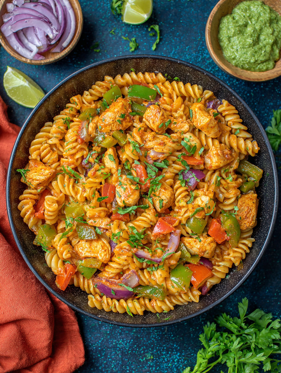 A bowl of pasta with meat and vegetables.