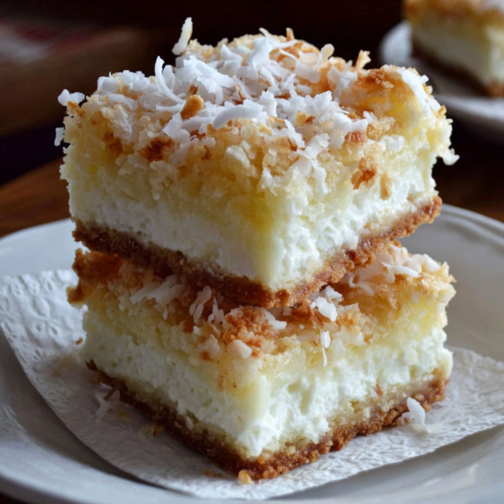 A stack of three coconut cream bars.