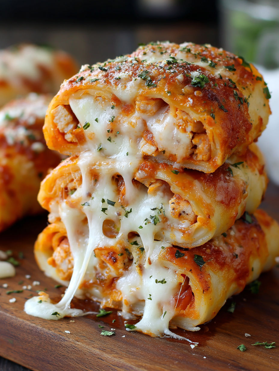 A stack of lasagna with cheese dripping.