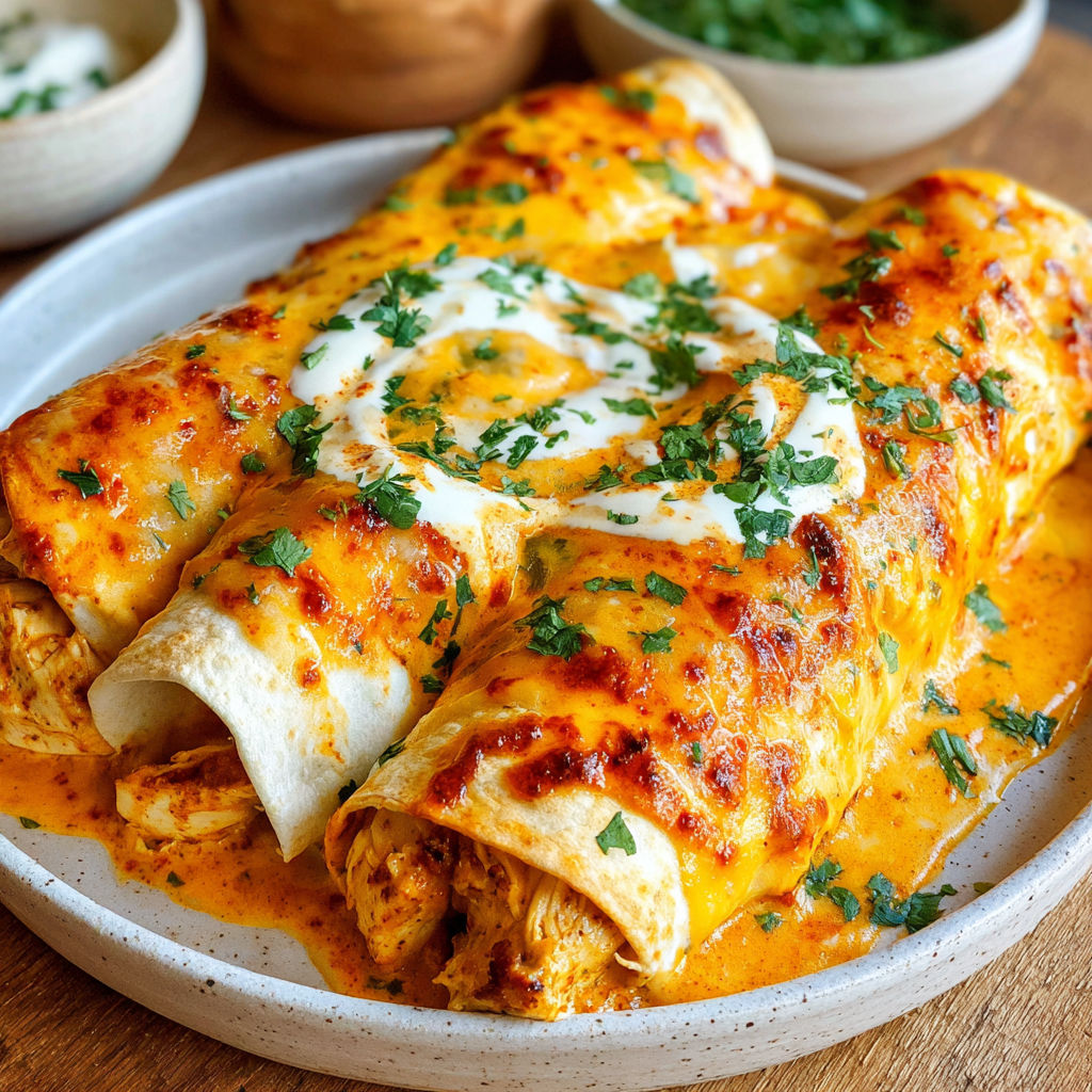 A plate of chicken enchiladas with cheese and sauce.