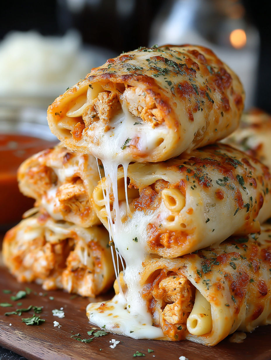 A stack of pasta with cheese and chicken.