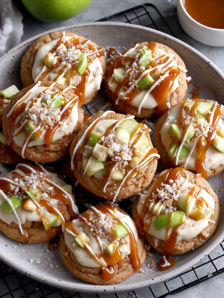 A plate of cookies with caramel drizzled on top.