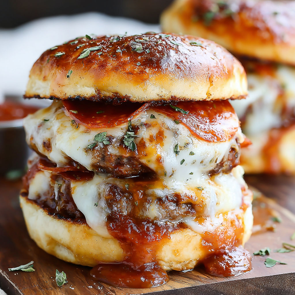 A juicy cheesy pizza burger.