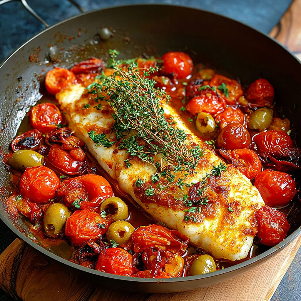 A pan of fish with tomatoes and olives.