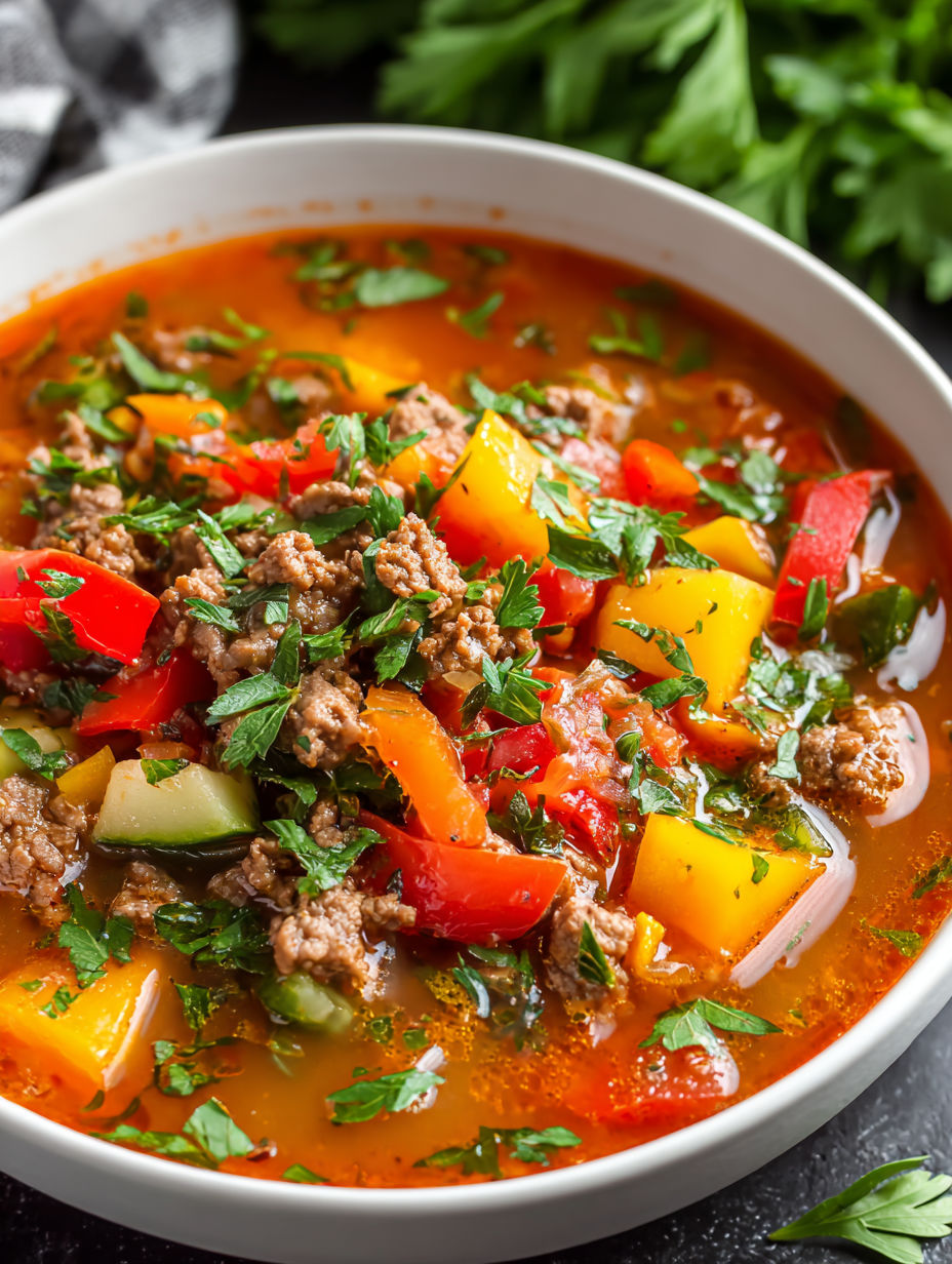 A bowl of soup with meat and vegetables.