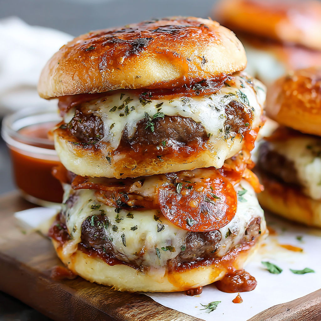 A stack of juicy, cheesy, and irresistible pizza burgers.