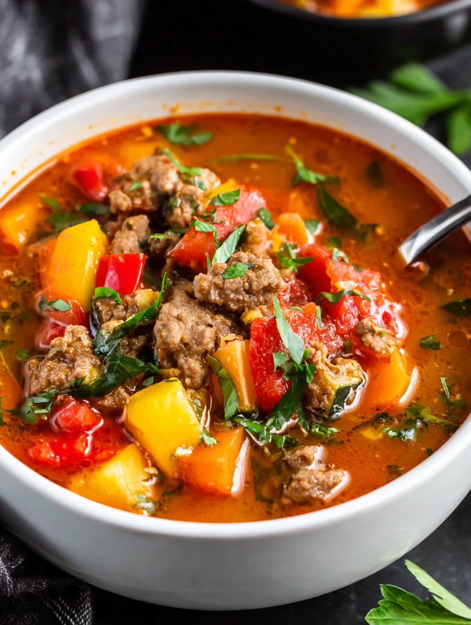 A bowl of soup with meat and vegetables.