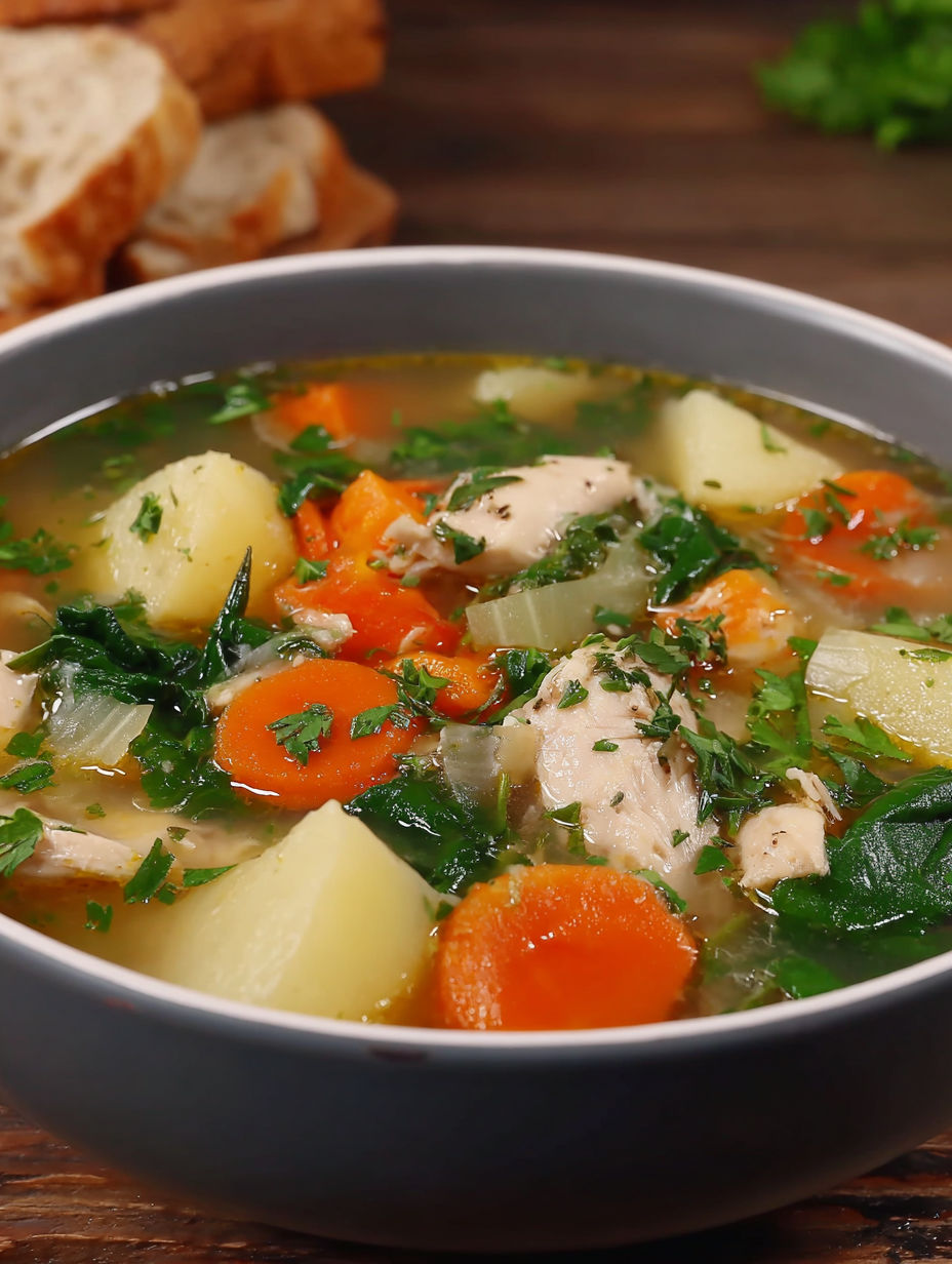 A bowl of soup with carrots and chicken.