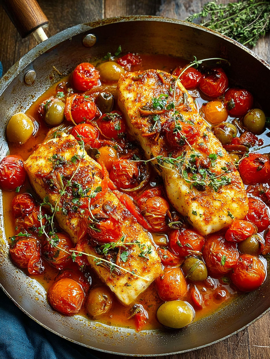 A pan of fish with tomatoes and olives.