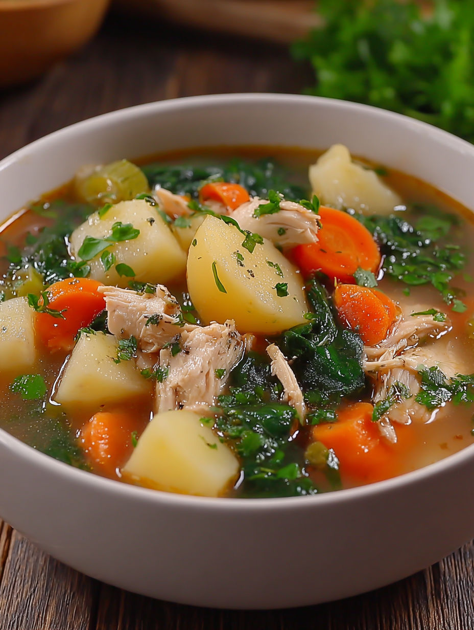 A bowl of soup with chicken, potatoes, and greens.