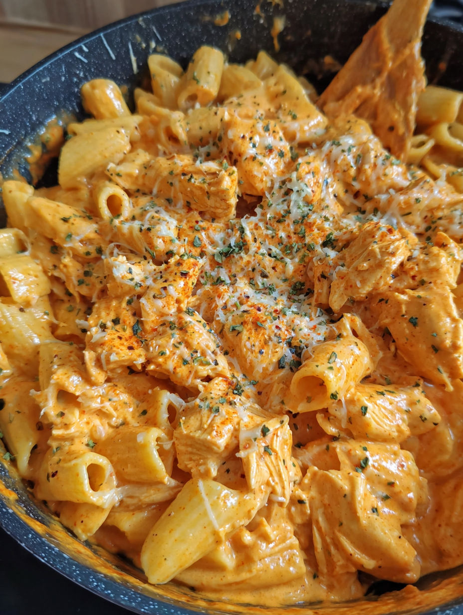 A bowl of pasta with chicken and cheese.