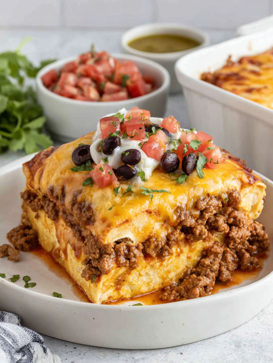 A cheesy burrito casserole is ready to be eaten.