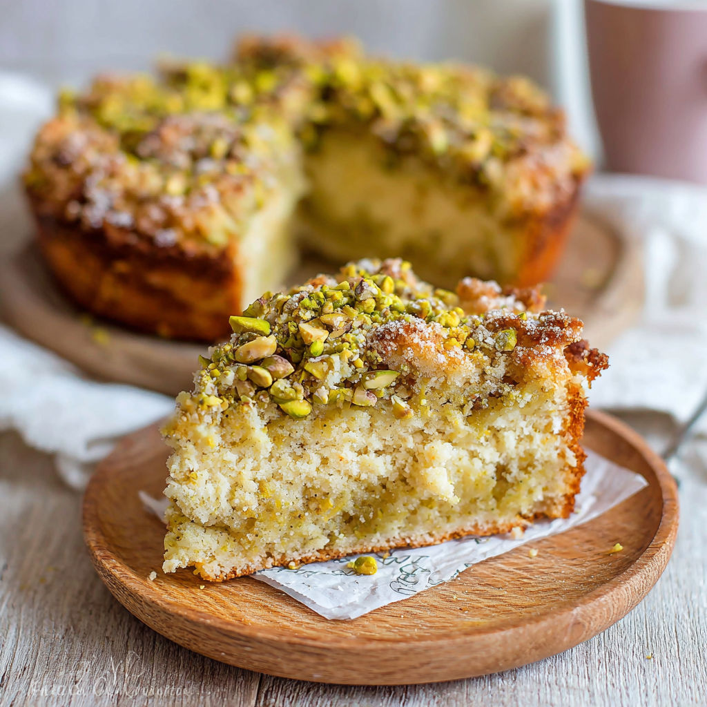 A slice of Italian Pistachio Crumb Cake.