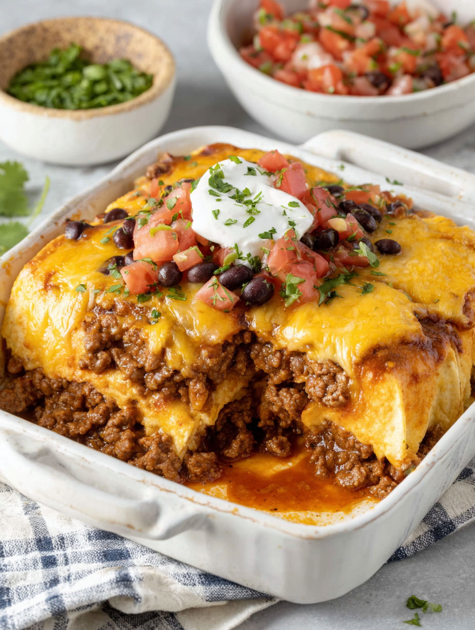 A cheesy burrito casserole in a white bowl.
